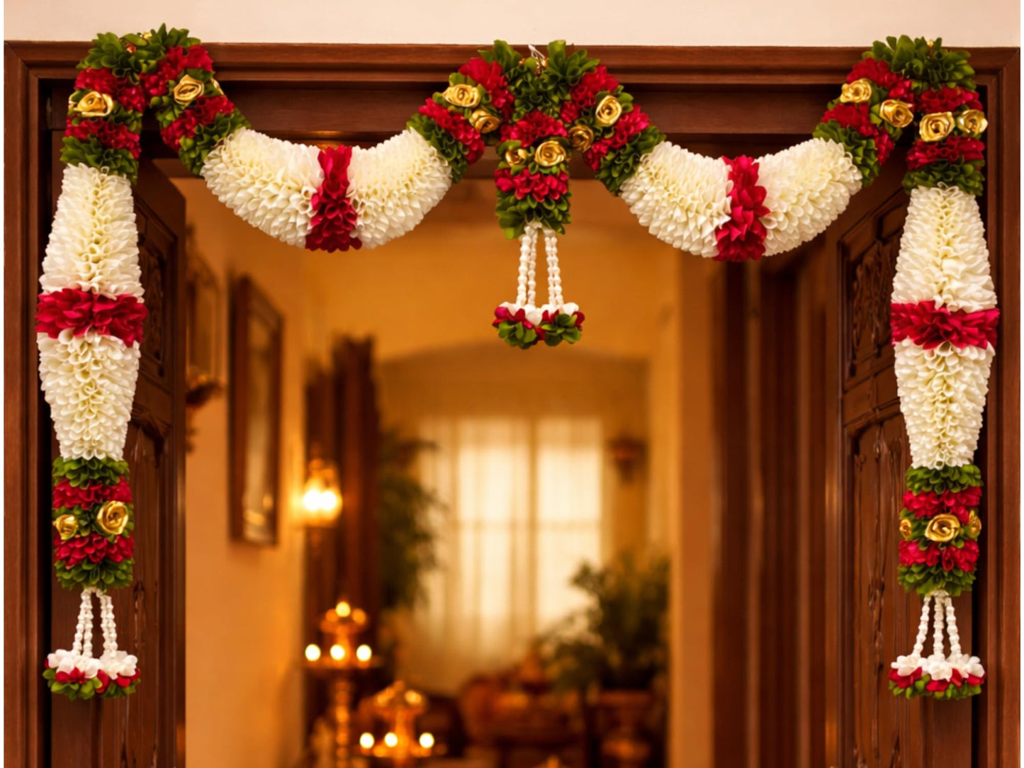 Cream & Pink Hanging Artificial Flower Toran for Main Door Entrance, Reusable Thoran for Pooja Mandir, Living Room & Home Décor, Bandarwal for Festival Decoration (42x25 inch)