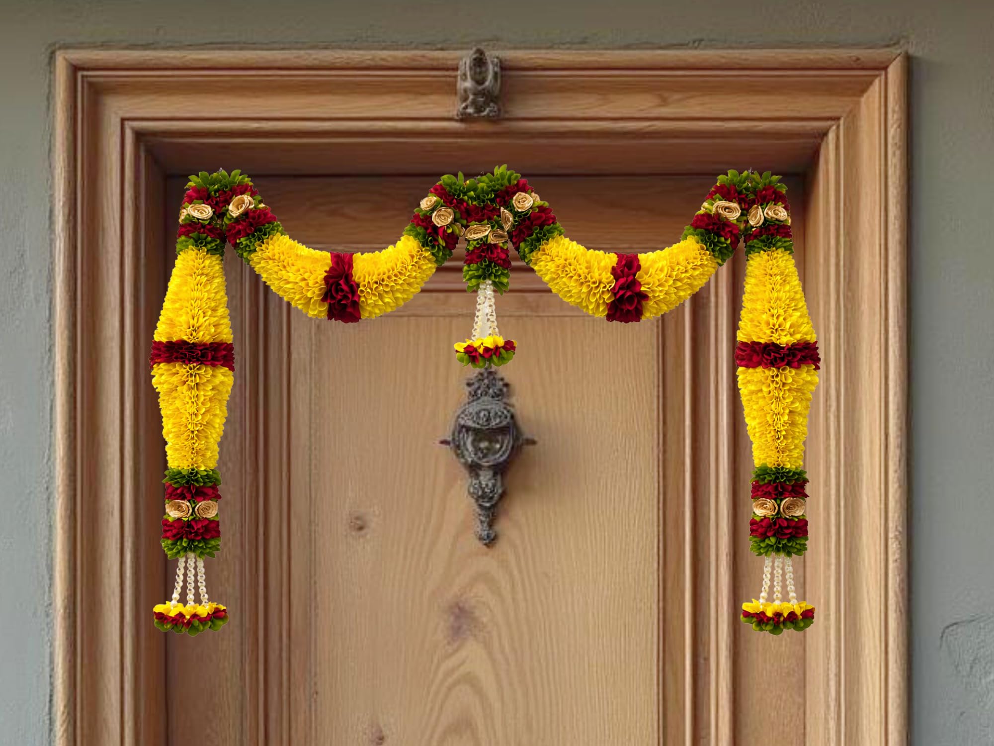 Yellow & Red Hanging Artificial Flower Toran for Main Door Entrance, Reusable Thoran for Pooja Mandir, Living Room & Home Décor, Bandarwal for Festival Decoration (42x25 inch)