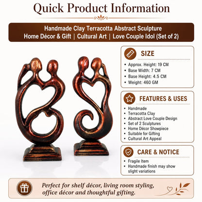 Niharika Collections Handmade Clay Terracotta Abstract Sculpture | Home Décor & Gift | Cultural Art | Love Couple Idol (Bronze Color, Set of 2)