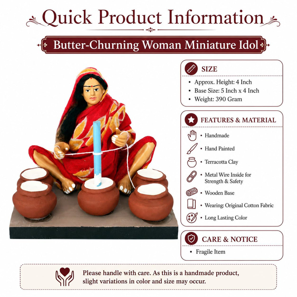 Niharika Collections Krishnanagar Handmade Terracotta Clay | Basic- Sitting Figure Miniature Idol - Butter-Churning Woman | Home Decor, Golu Display and Gifting