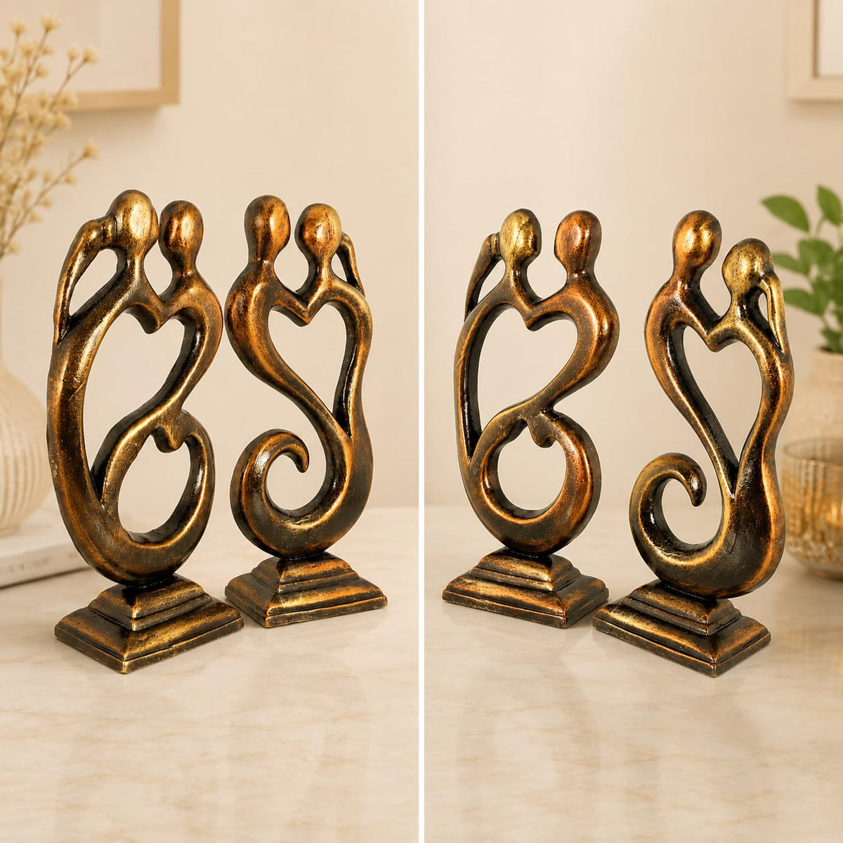 Niharika Collections Handmade Clay Terracotta Abstract Sculpture | Home Décor & Gift | Cultural Art | Love Couple Idol (Sunset Gold Color, Set of 2)
