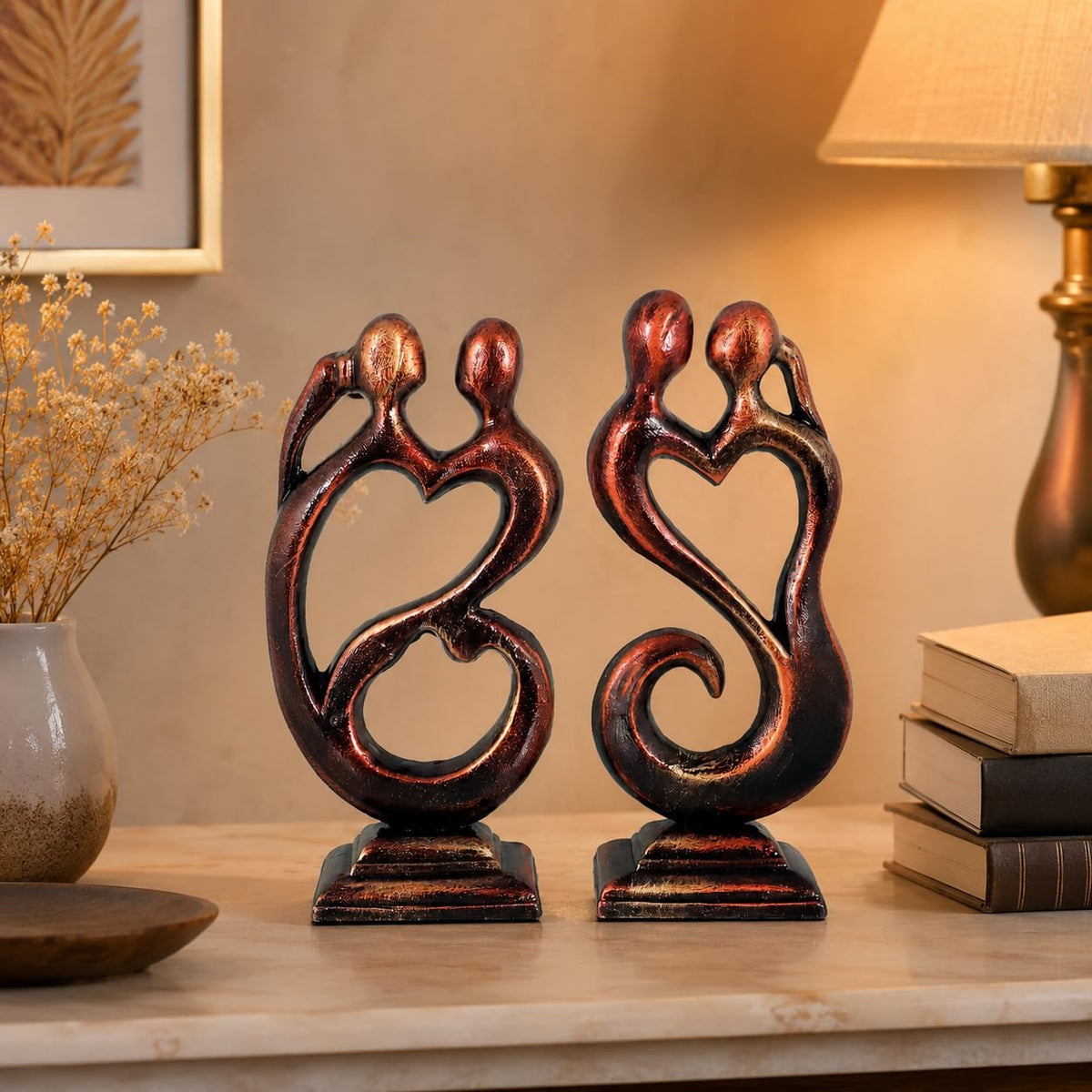 Niharika Collections Handmade Clay Terracotta Abstract Sculpture | Home Décor & Gift | Cultural Art | Love Couple Idol (Bronze Color, Set of 2)