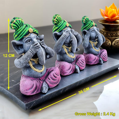 Niharika Collections Handmade Terracotta Ganesha Idol Set of 3 | Meditative Ganesha Figurines with Covered Eyes, Ears & Mouth | Clay Ganesh Murti for Home Temple, Meditation | Green-Purple