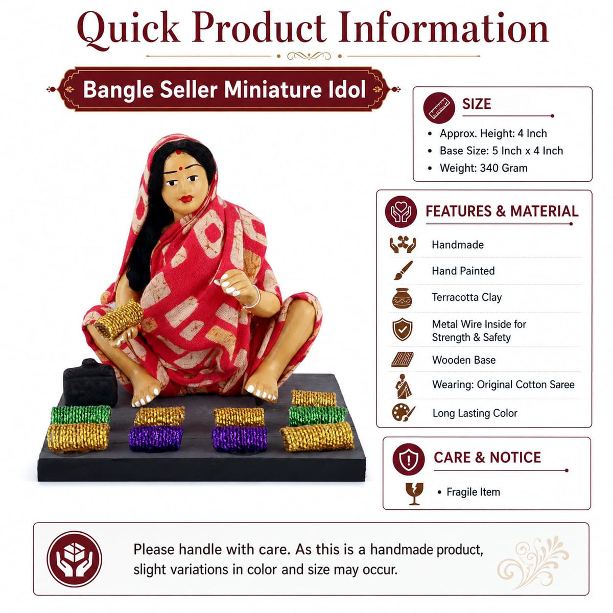 Niharika Collections Krishnanagar Handmade Terracotta Clay Man Bangle Seller Miniature Idol Basic | Indian Churi Seller Home Decor, Golu Display and Gifting