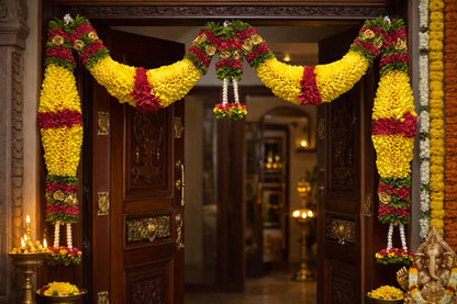 Yellow & Dark Pink Hanging Artificial Flower Toran for Main Door Entrance, Reusable Thoran for Pooja Mandir, Living Room & Home Décor, Bandarwal for Festival Decoration (42x25 inch)