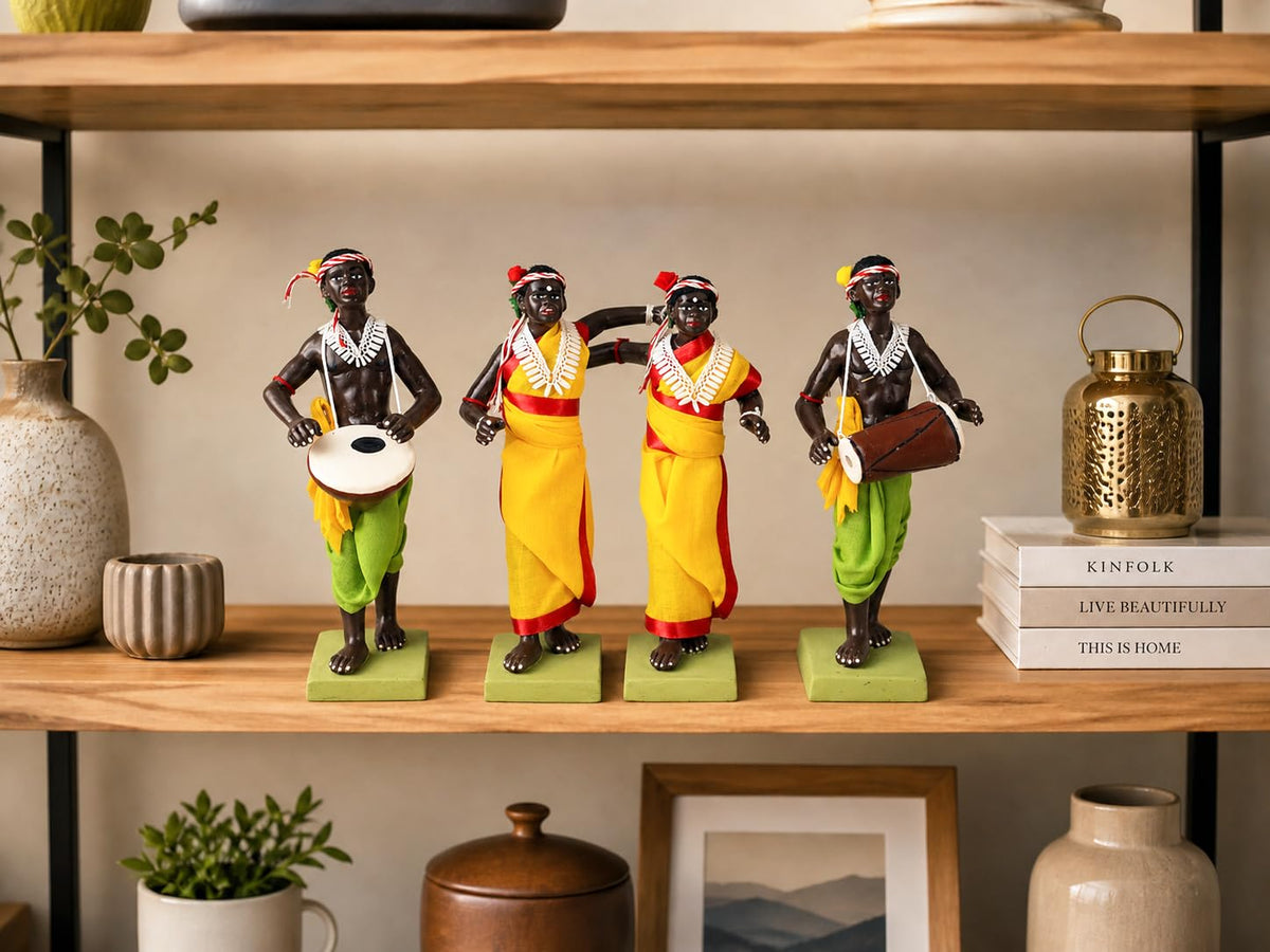 Niharika Collections Krishnanagar Handmade Clay Tribal Dance Group Idol | Terracotta Folk Human Figurines | Traditional Home Decor & Gift Showpiece | Set of 4