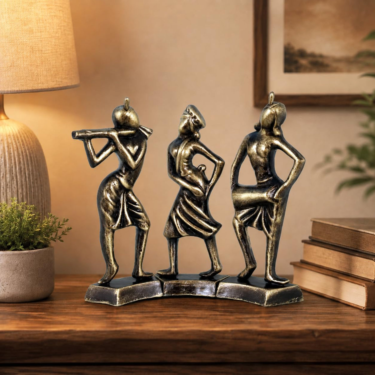 Niharika Collections Handmade Clay Terracotta Abstract Sculpture | Home Décor & Gift | Cultural Art | Tribal Dance Group Idol (Golden Color, Set of 3)
