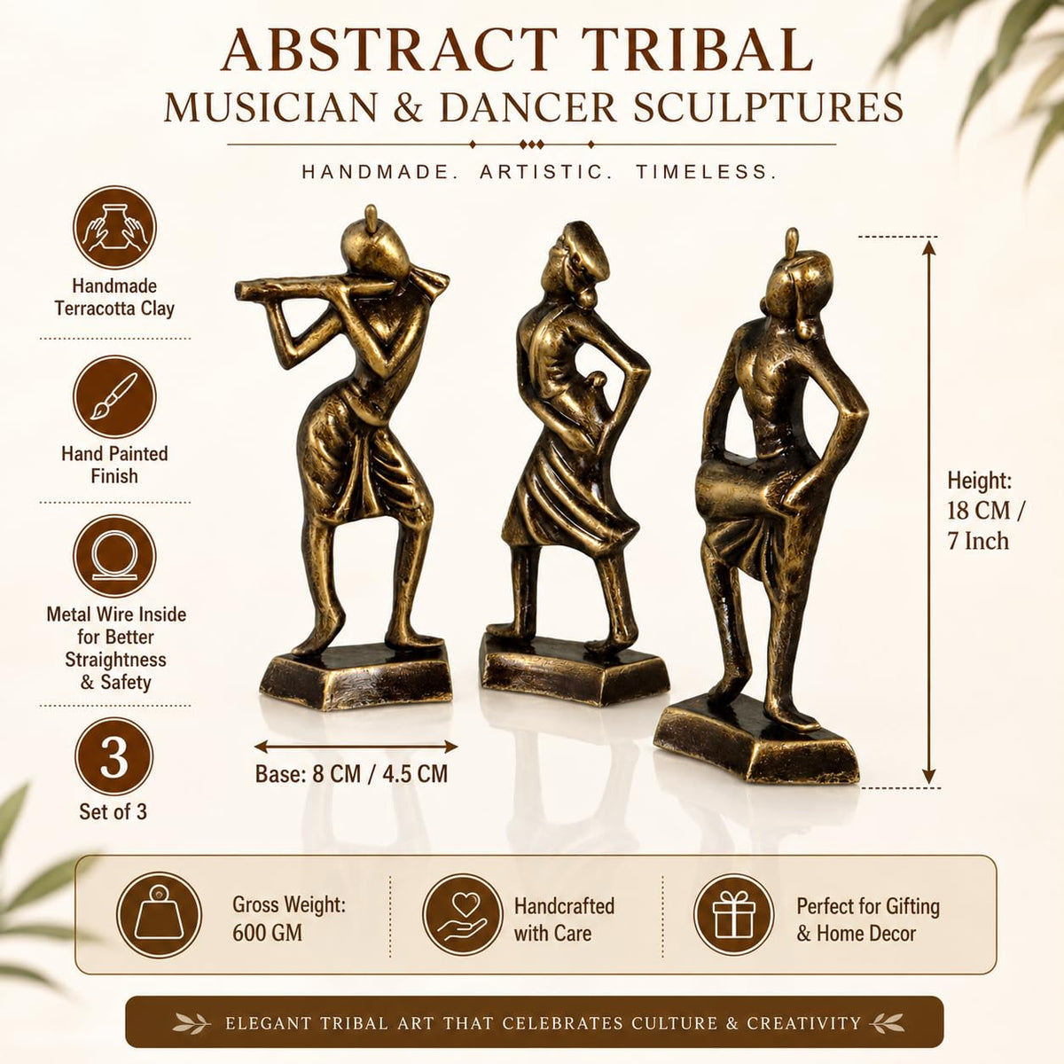 Niharika Collections Handmade Clay Terracotta Abstract Sculpture | Home Décor & Gift | Cultural Art | Tribal Dance Group Idol (Golden Color, Set of 3)