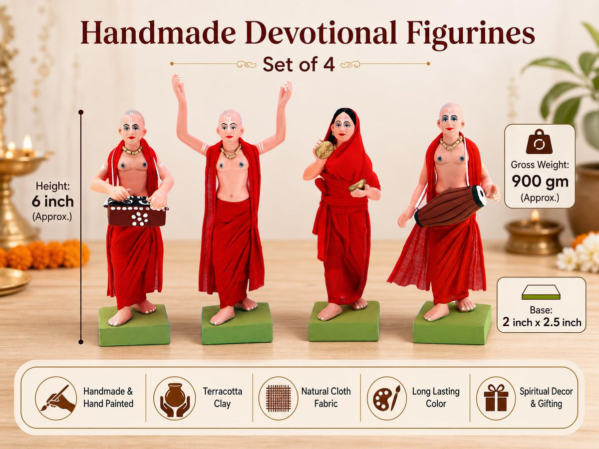 Niharika Collections Handmade Terracotta ISKCON Nagar Kirtan Idol Set | 6 Inch Clay Devotional Figurines with Fabric Dress for Mandir Decor and Gifting