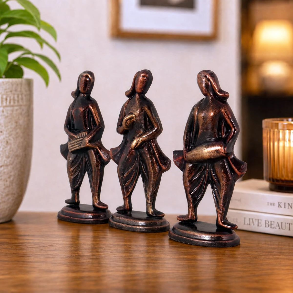 Niharika Collections Handmade Clay Terracotta Abstract Sculpture | Home Décor & Gift | Cultural Art | Musical Group Idol (Bronze Color, Set of 3)