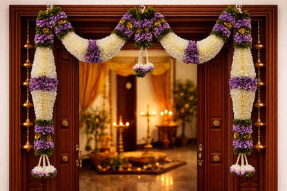 Purple & Cream Hanging Artificial Flower Toran for Main Door Entrance, Reusable Thoran for Pooja Mandir, Living Room & Home Décor, Bandarwal for Festival Decoration (42x25 inch)