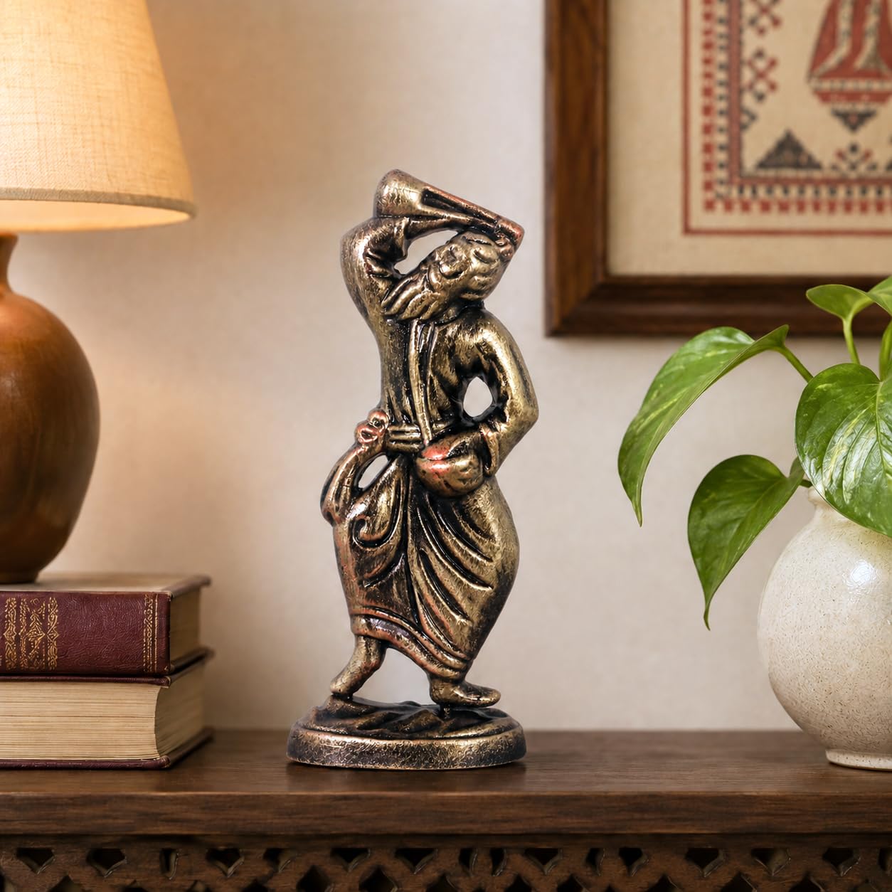 Niharika Collections Handmade Clay Terracotta Abstract Sculpture | Home Décor & Gift | Spiritual & Cultural Art | Baul - Folk Singer Idol (Color Golden)