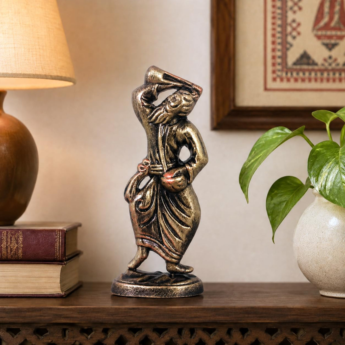 Niharika Collections Handmade Clay Terracotta Abstract Sculpture | Home Décor & Gift | Spiritual & Cultural Art | Baul - Folk Singer Idol (Color Golden)