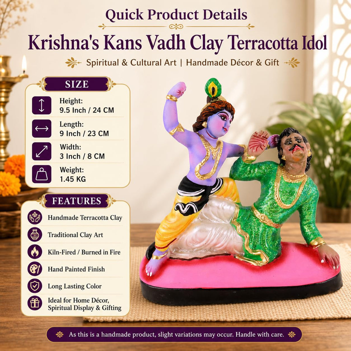 Niharika Collections Krishna's Kans Vadh Clay Terracotta Idol | Spiritual & Cultural Art | Handmade Décor & Gift