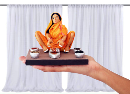 Niharika Collections Krishnanagar Handmade Clay Gift & Décor | Basic- Sitting Human Figure Miniature Idol - Spice-Grinding Woman, 12 x 10 Cm, Multicolour