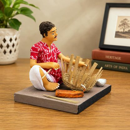 Niharika Collections Krishnanagar Handmade Terracotta Clay Basket Maker Miniature Idol Man | Basic Traditional Indian Home Decor, Golu Display and Gifting