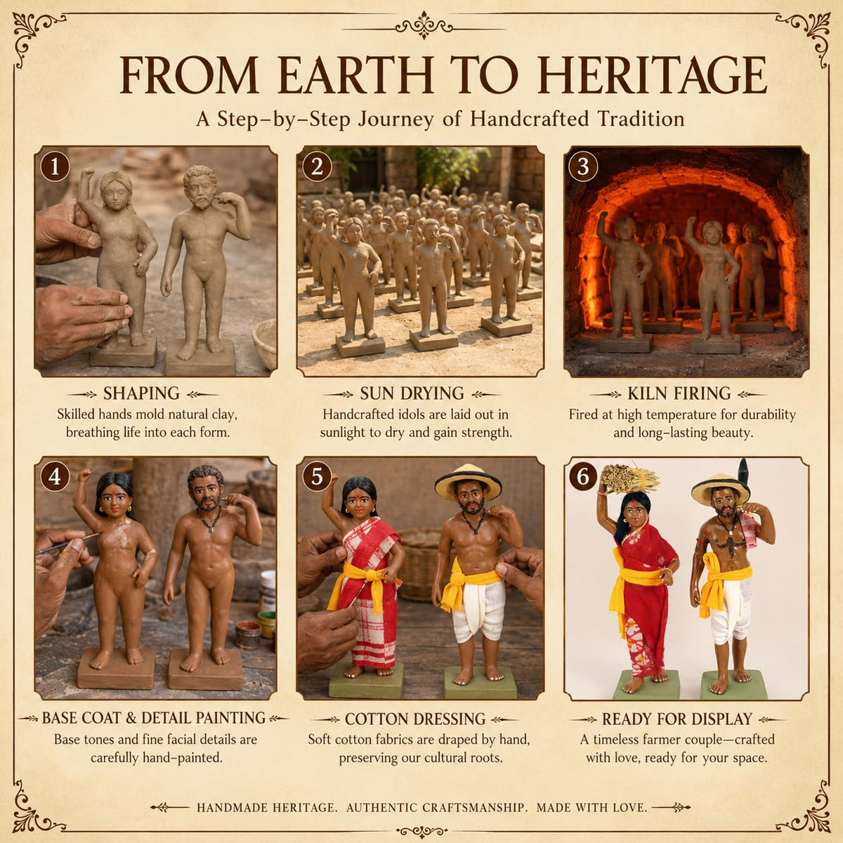 Niharika Collections Krishnanagar Handmade Clay Human Figure Gift & Decor (Indian Farmer Couple)