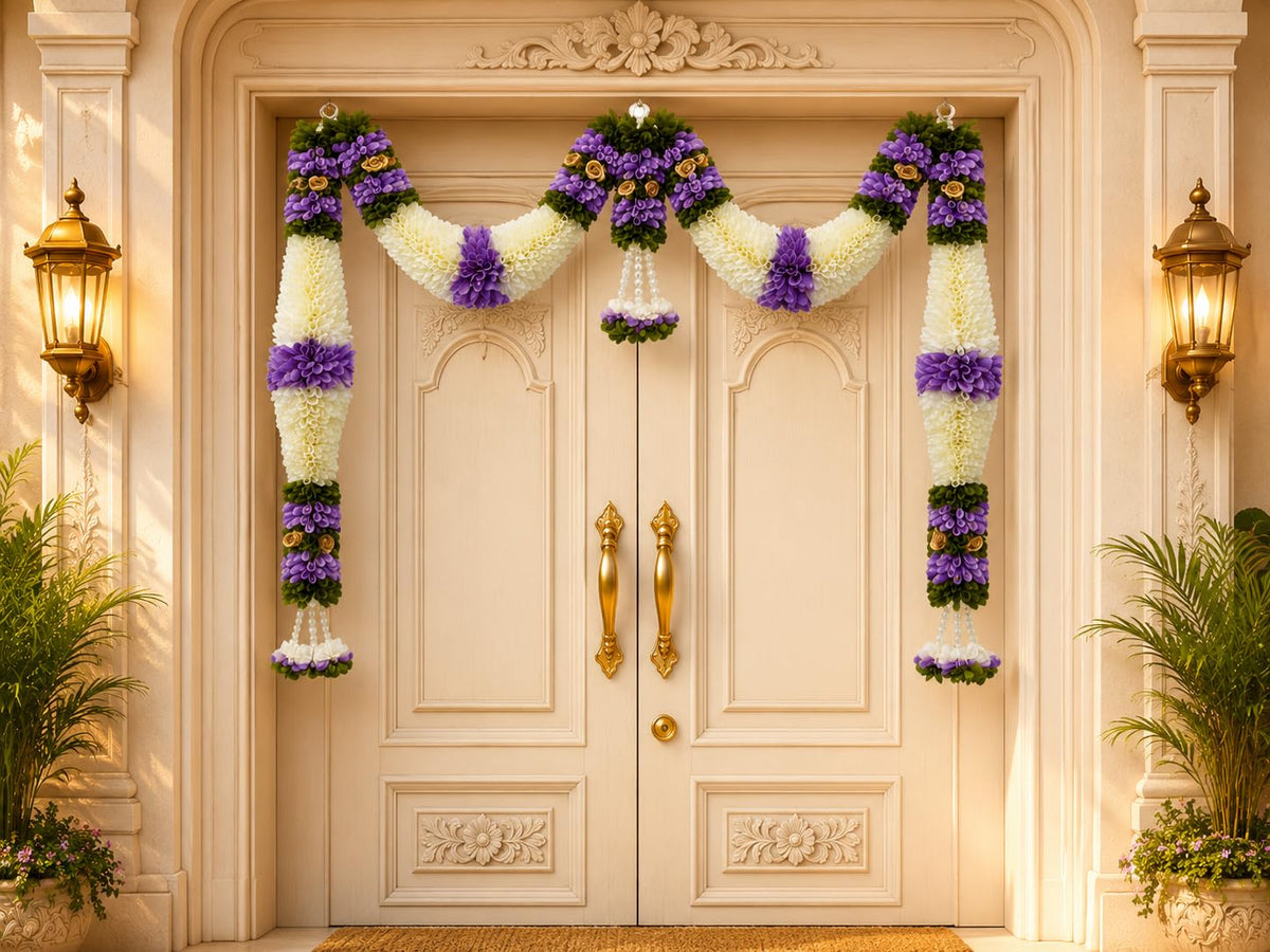Purple & Cream Hanging Artificial Flower Toran for Main Door Entrance, Reusable Thoran for Pooja Mandir, Living Room & Home Décor, Bandarwal for Festival Decoration (42x25 inch)