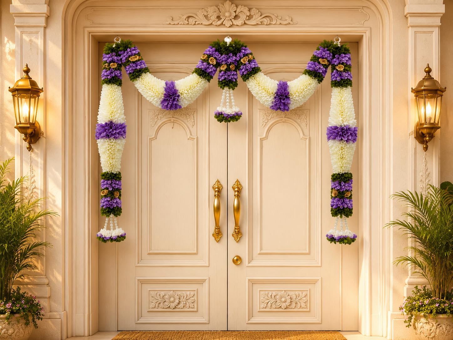 Purple & Cream Hanging Artificial Flower Toran for Main Door Entrance, Reusable Thoran for Pooja Mandir, Living Room & Home Décor, Bandarwal for Festival Decoration (42x25 inch)