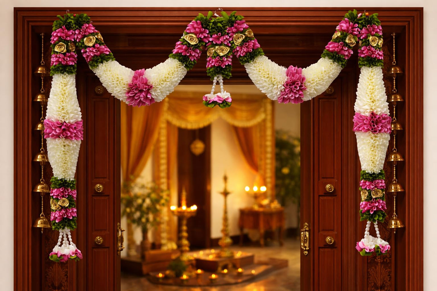 Pink & Cream Hanging Artificial Flower Toran for Main Door Entrance, Reusable Thoran for Pooja Mandir, Living Room & Home Décor, Bandarwal for Festival Decoration (42x25 inch)