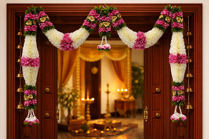 Pink & Cream Hanging Artificial Flower Toran for Main Door Entrance, Reusable Thoran for Pooja Mandir, Living Room & Home Décor, Bandarwal for Festival Decoration (42x25 inch)