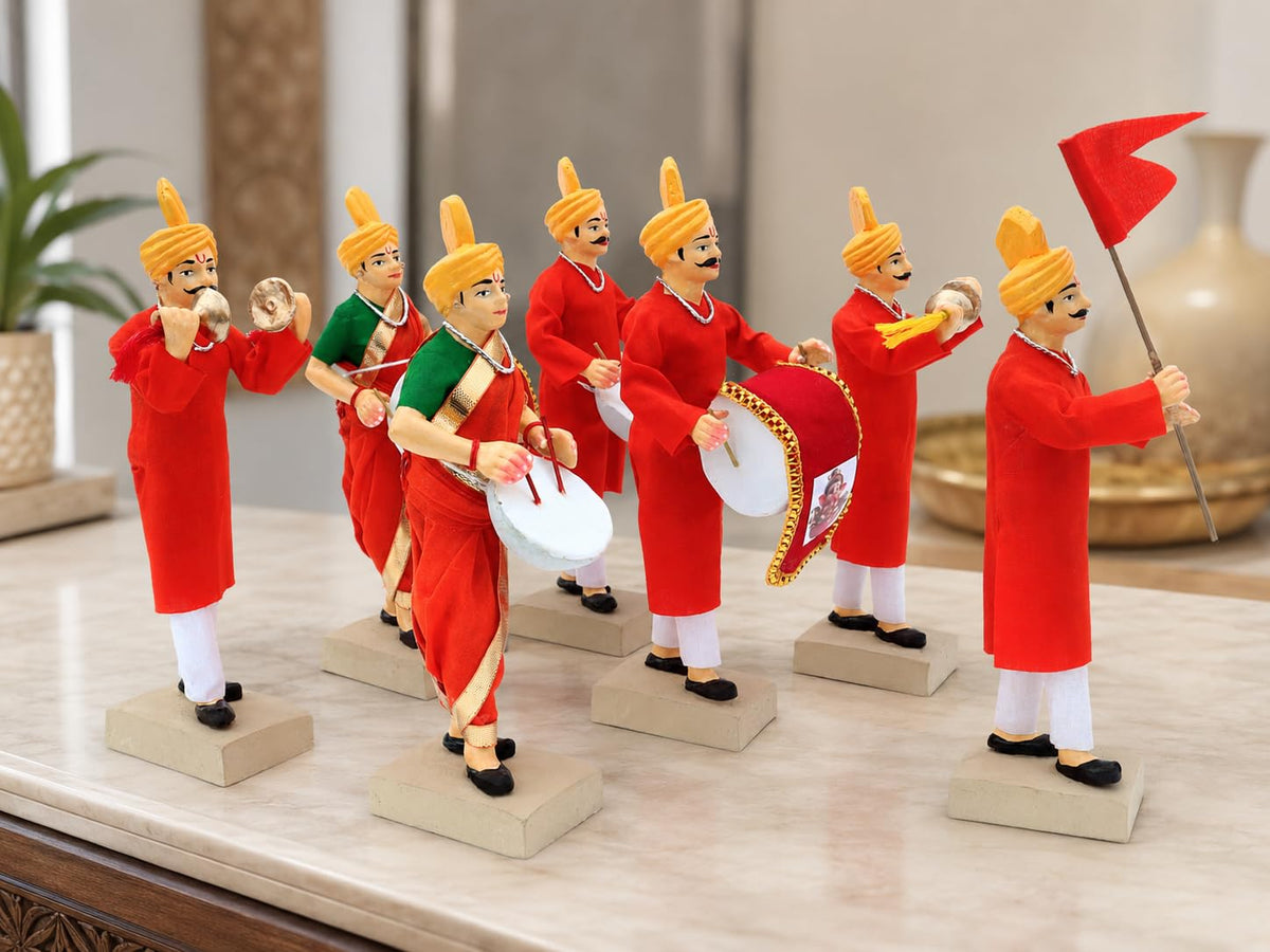 Niharika Collections Handmade Clay Terracotta | GANPATI VISARJAN Band – Set of 7 | Musical Miniature Idols