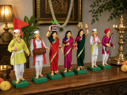 Niharika Collections Handmade Terracotta Clay Idols 8 Inch Clay Figurines Set of 7 | Traditional Handcrafted Pandharpur Warkari for Home Mandir, Navratri Decor, Golu and Gifting