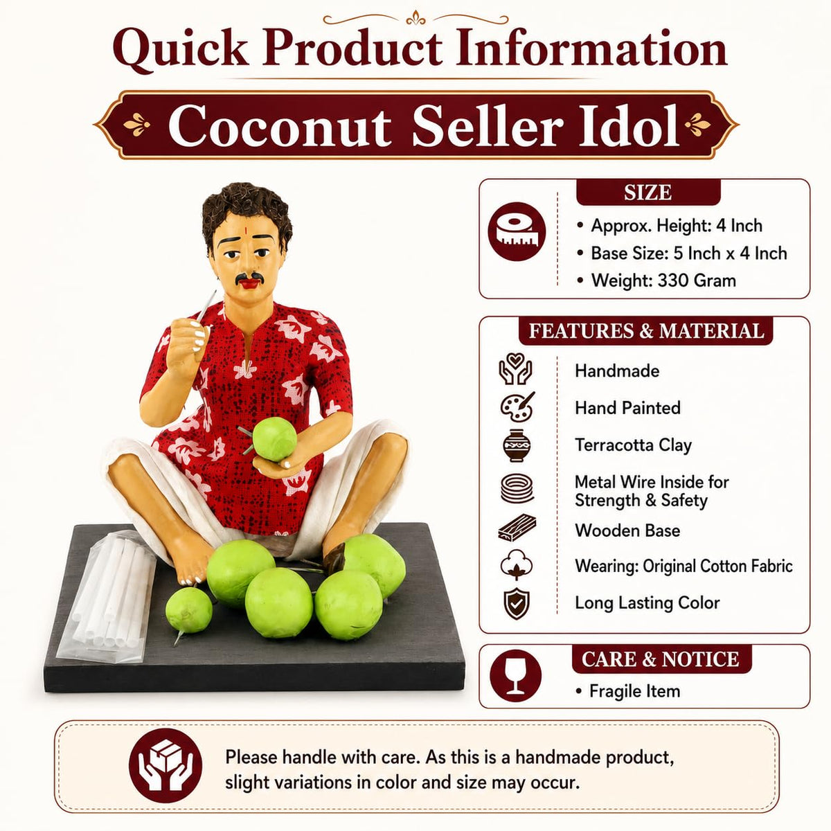 Niharika Collections Krishnanagar Handmade Clay Gift & Décor | Basic- Sitting Human Figure Miniature Idol - Coconut Seller