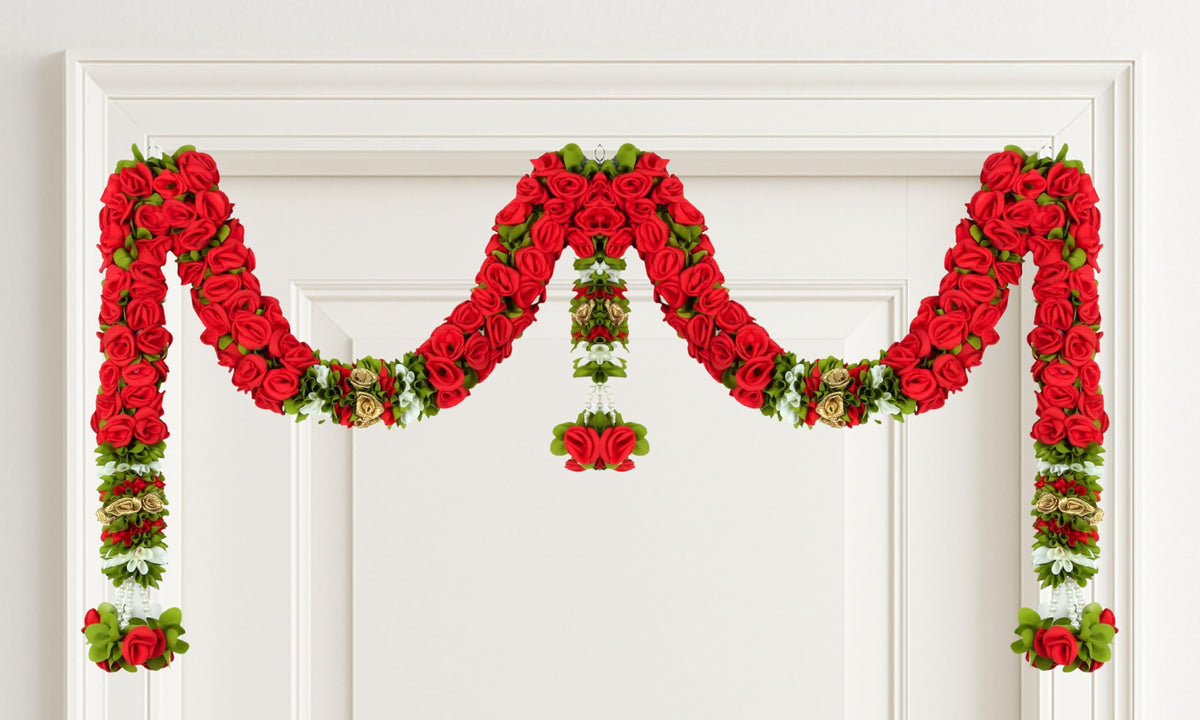 Toran for Main Door Entrance, Bandarwal for Festival, Pooja Mandir & Wedding, Handmade Traditional Flower Hanging for Home & Office Decor (42 inches 18 inches) Red