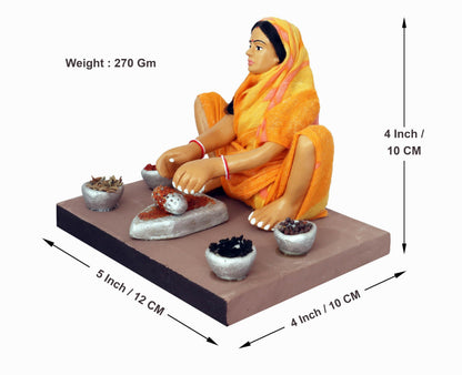 Niharika Collections Krishnanagar Handmade Clay Gift & Décor | Basic- Sitting Human Figure Miniature Idol - Spice-Grinding Woman, 12 x 10 Cm, Multicolour