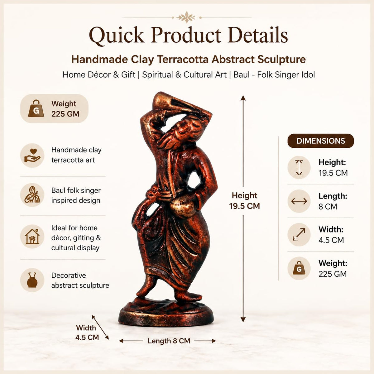 Niharika Collections Handmade Clay Terracotta Abstract Sculpture | Home Décor & Gift | Spiritual & Cultural Art | Baul - Folk Singer Idol (Color Bronze)
