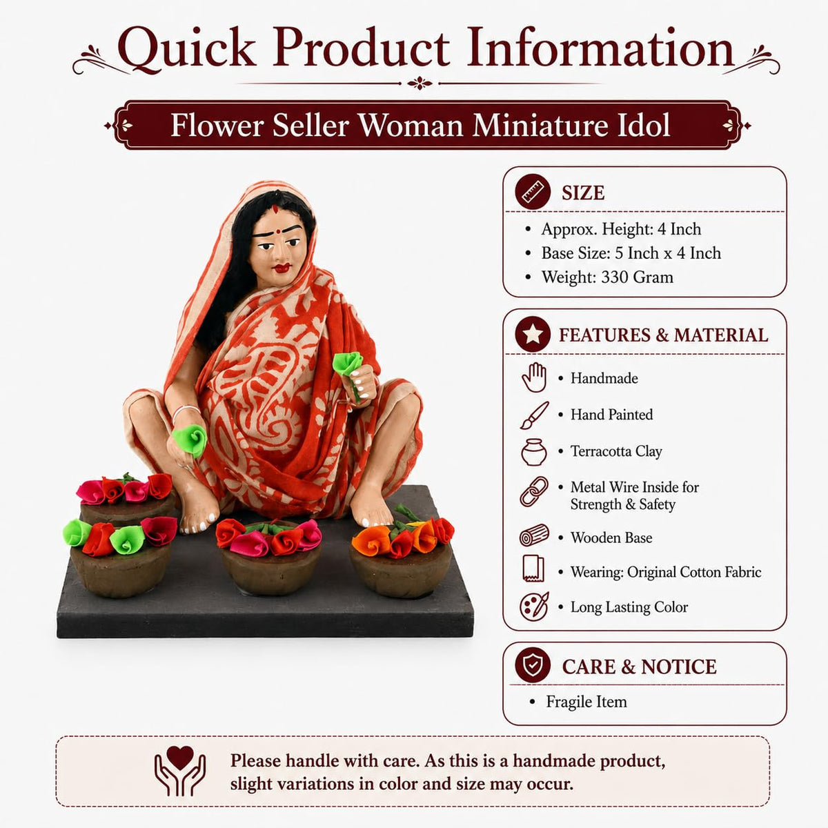 Niharika Collections Krishnanagar Handmade Clay Gift & Décor | Basic- Sitting Human Figure Miniature Idol - Flower Seller
