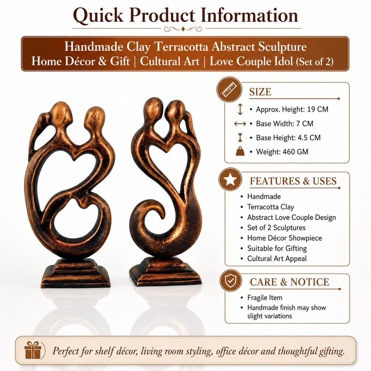 Niharika Collections Handmade Clay Terracotta Abstract Sculpture | Home Décor & Gift | Cultural Art | Love Couple Idol (Sunset Gold Color, Set of 2)