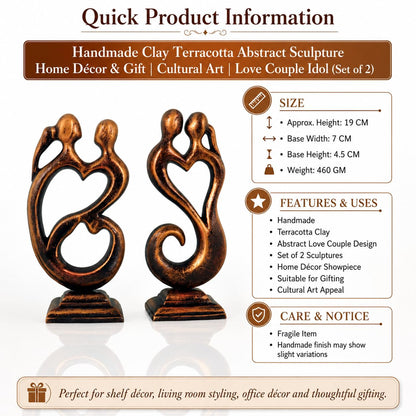 Niharika Collections Handmade Clay Terracotta Abstract Sculpture | Home Décor & Gift | Cultural Art | Love Couple Idol (Sunset Gold Color, Set of 2)