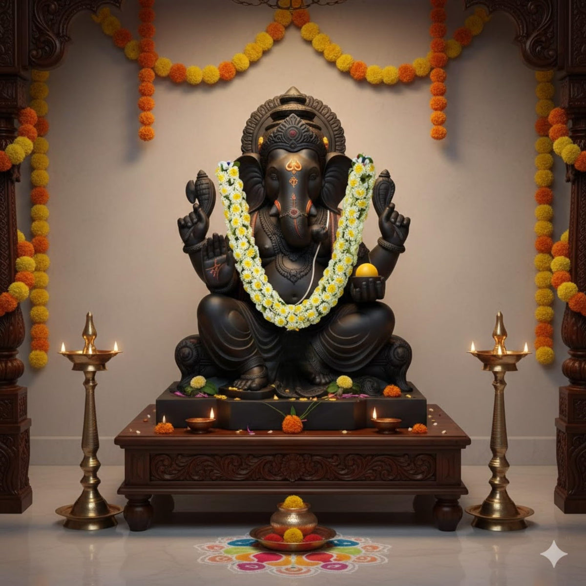 Shevanti Cream & Yellow Flower Garland for Pooja Mandir Decoration, Hanging Mala for Photo Frame, Haar Mala for God Idols, Photo Frames of Loved Ones, Ancestors, Pitra (40 inch)