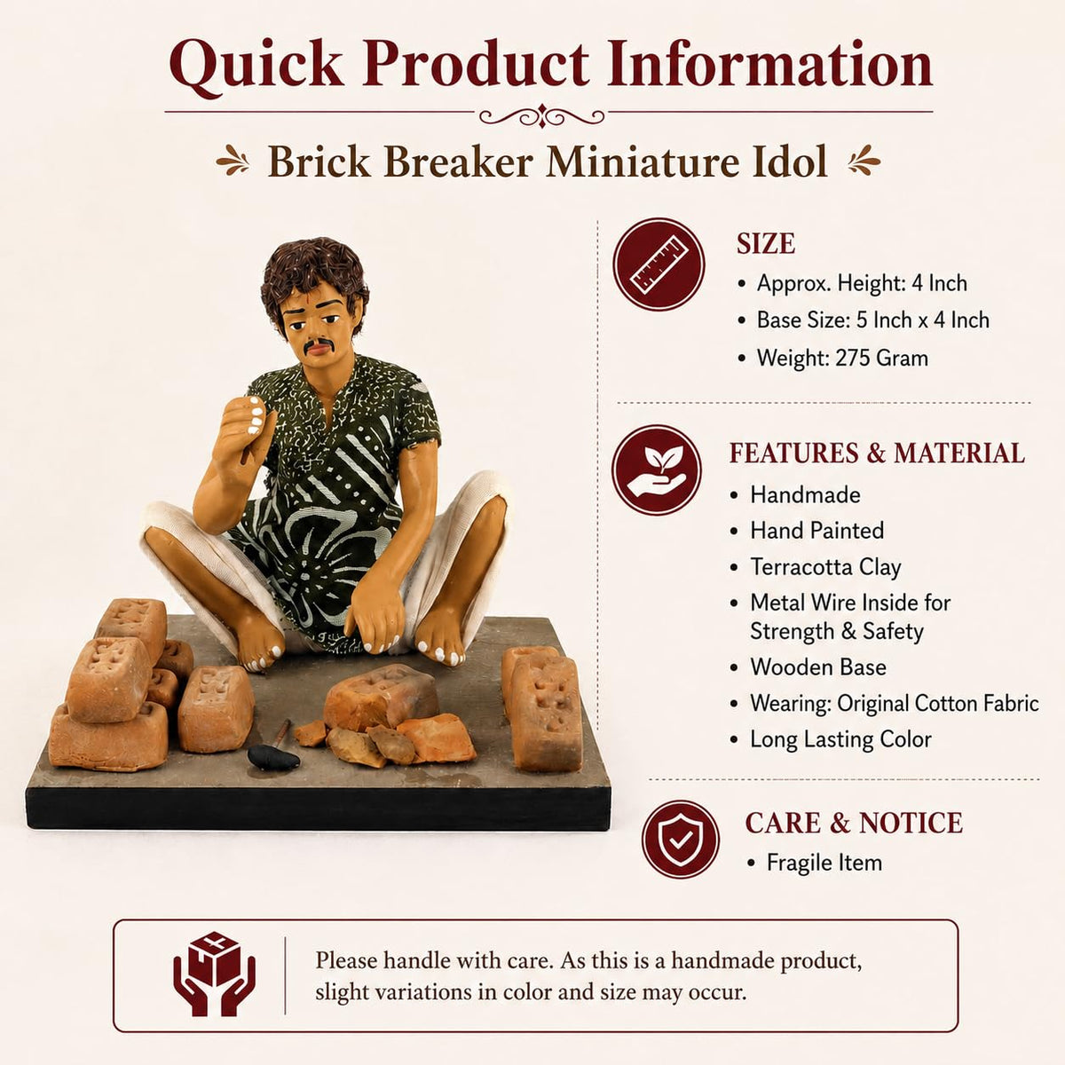 Niharika Collections Krishnanagar Handmade Clay Gift & Décor | Basic- Sitting Human Figure Miniature Idol - Brick Breaker