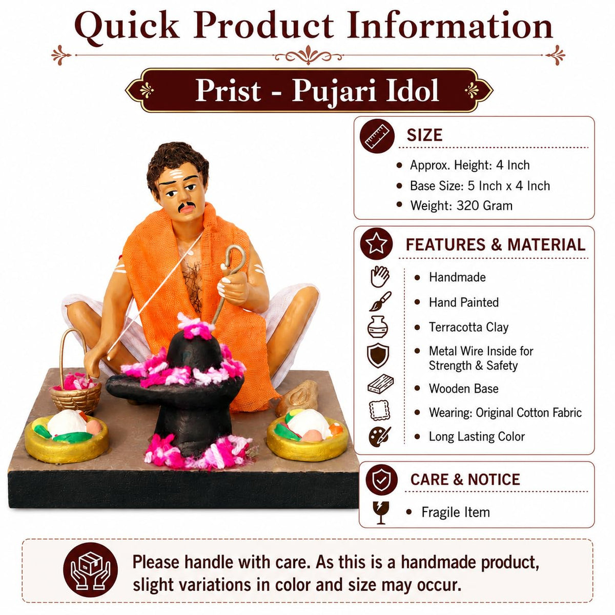 Niharika Collections Krishnanagar Handmade Terracotta Clay | Basic- Sitting Human Figure Miniature Idol - Priest | Home Decor, Golu Display and Gifting