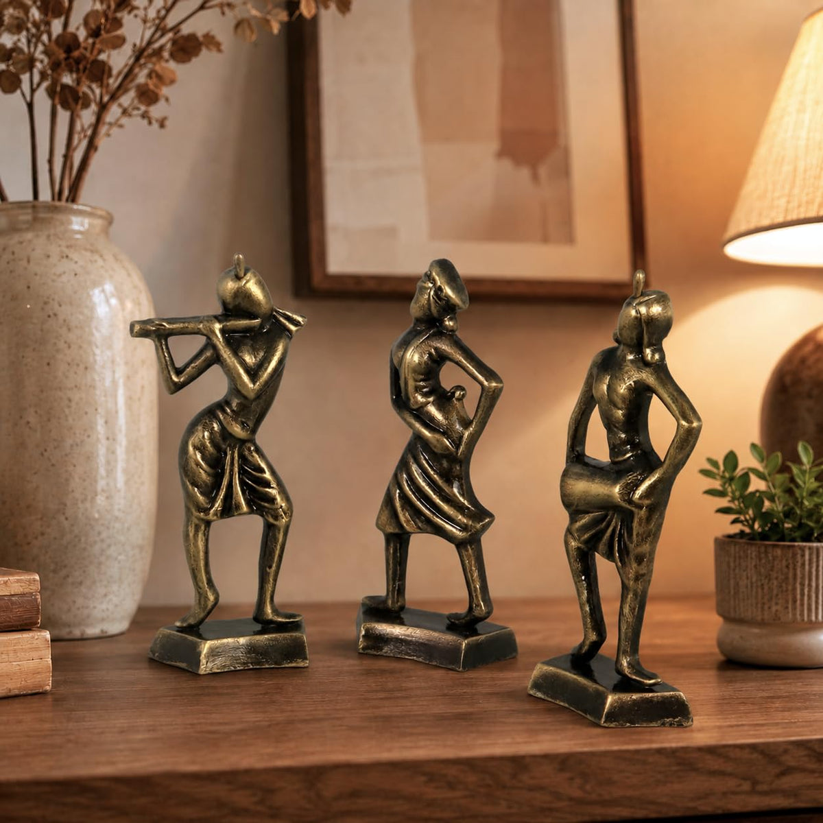 Niharika Collections Handmade Clay Terracotta Abstract Sculpture | Home Décor & Gift | Cultural Art | Tribal Dance Group Idol (Golden Color, Set of 3)