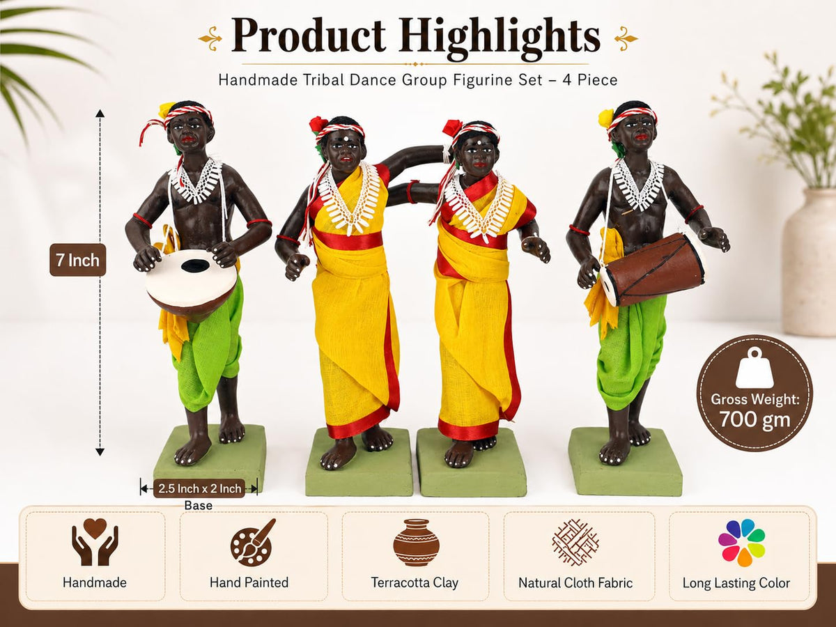 Niharika Collections Krishnanagar Handmade Clay Tribal Tiger Hunter Group Idol | Terracotta Folk Human Figurines | Traditional Home Decor & Gift Showpiece | Set of 5