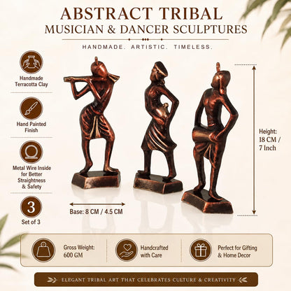 Niharika Collections Handmade Clay Terracotta Abstract Sculpture | Home Décor & Gift | Cultural Art | Tribal Dance Group Idol (Bronze Color, Set of 3)
