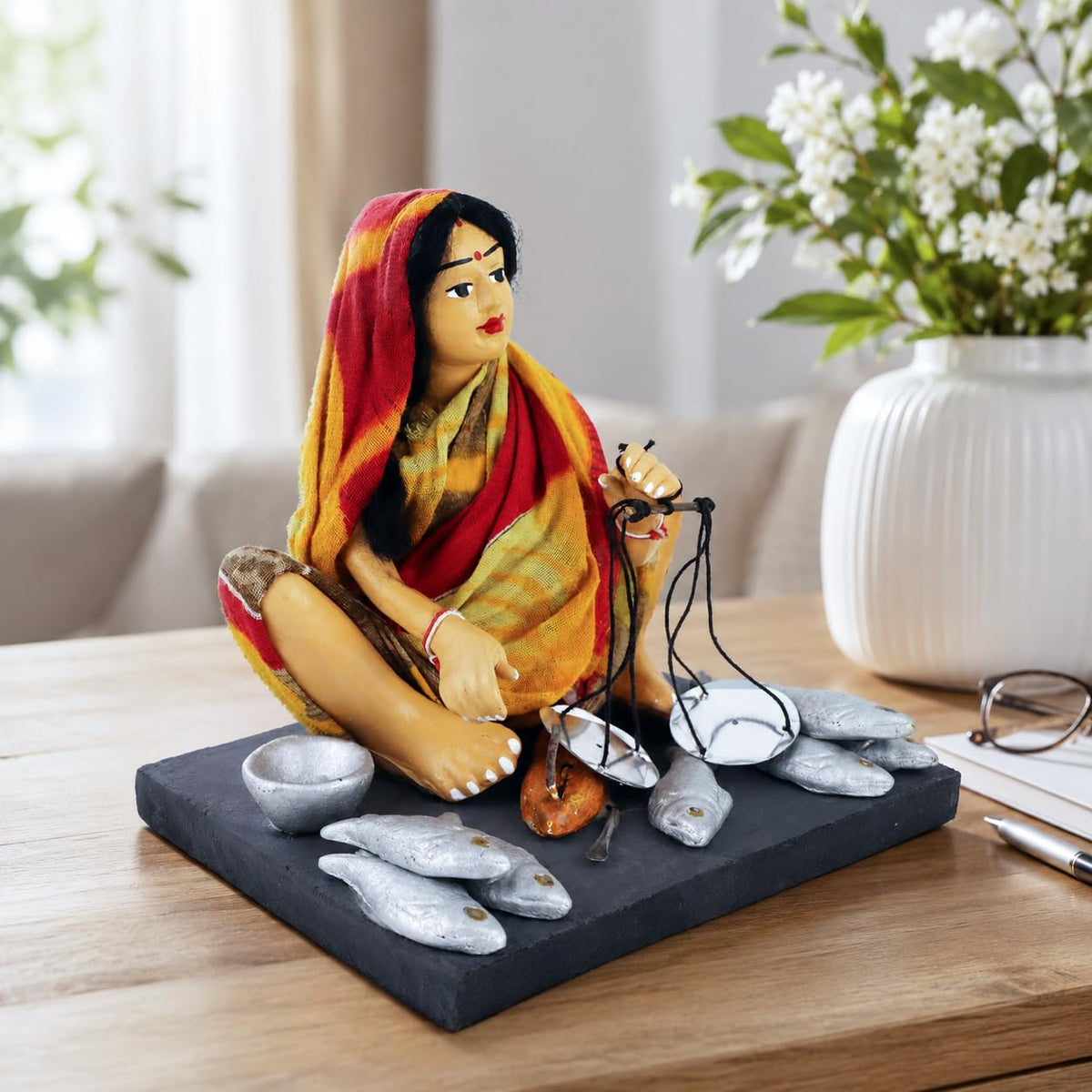 Niharika Collections Krishnanagar Handmade Clay Gift & Décor | Basic- Sitting Human Figure Miniature Idol - Fish Seller