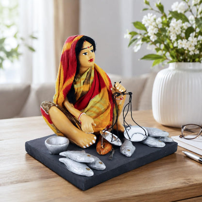 Niharika Collections Krishnanagar Handmade Clay Gift & Décor | Basic- Sitting Human Figure Miniature Idol - Fish Seller