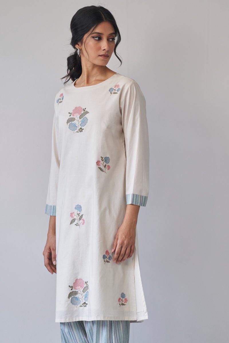 Women's Beige Embroidered Cotton Kurta With Printed Salwar