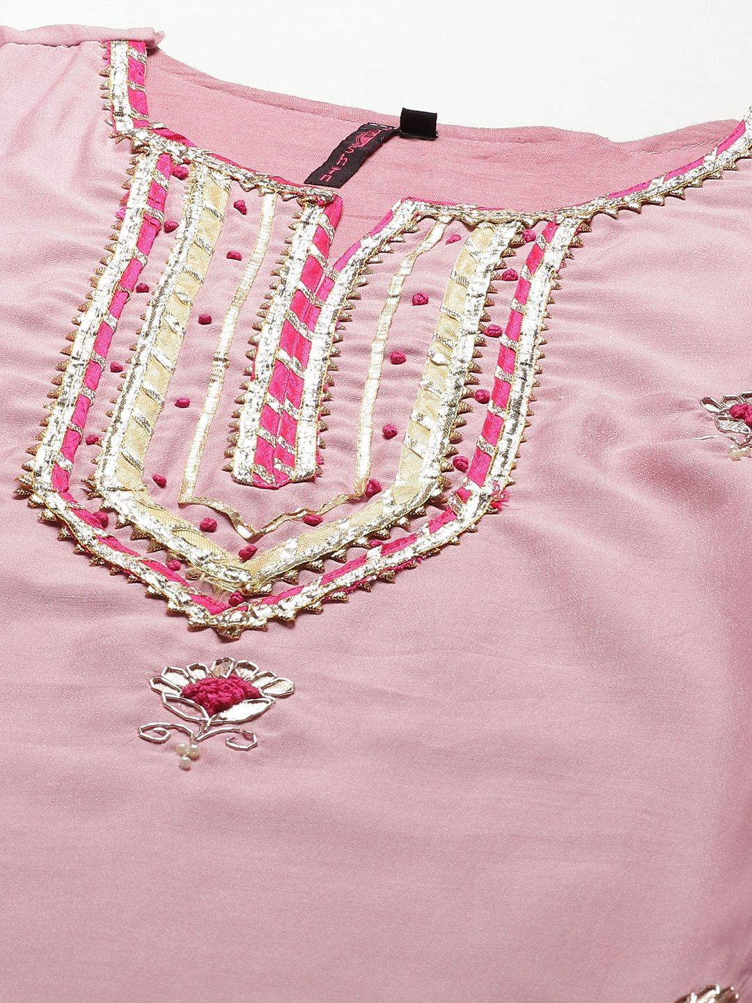 Dhiyona IS Women's Women Pink Floral Embroidered Regular Gotta Patti Pure Silk Kurta with Trousers & With Dupatta