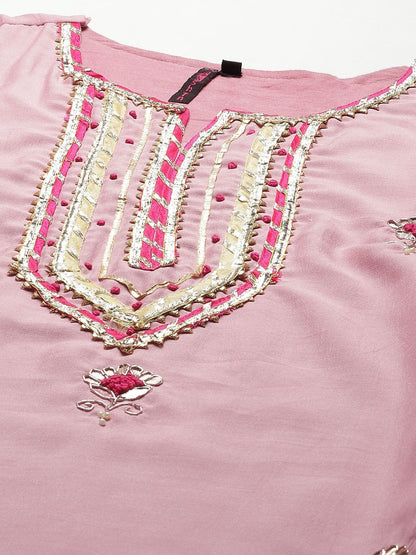 Dhiyona IS Women's Women Pink Floral Embroidered Regular Gotta Patti Pure Silk Kurta with Trousers & With Dupatta