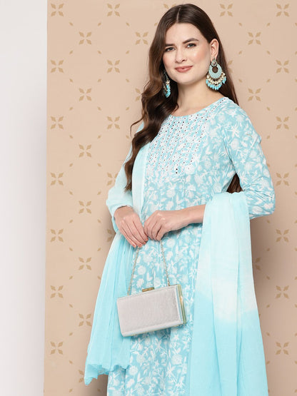Dhiyona KL Pure Cotton Floral Printed Anarkali Kurta With Trousers & With Dupatta