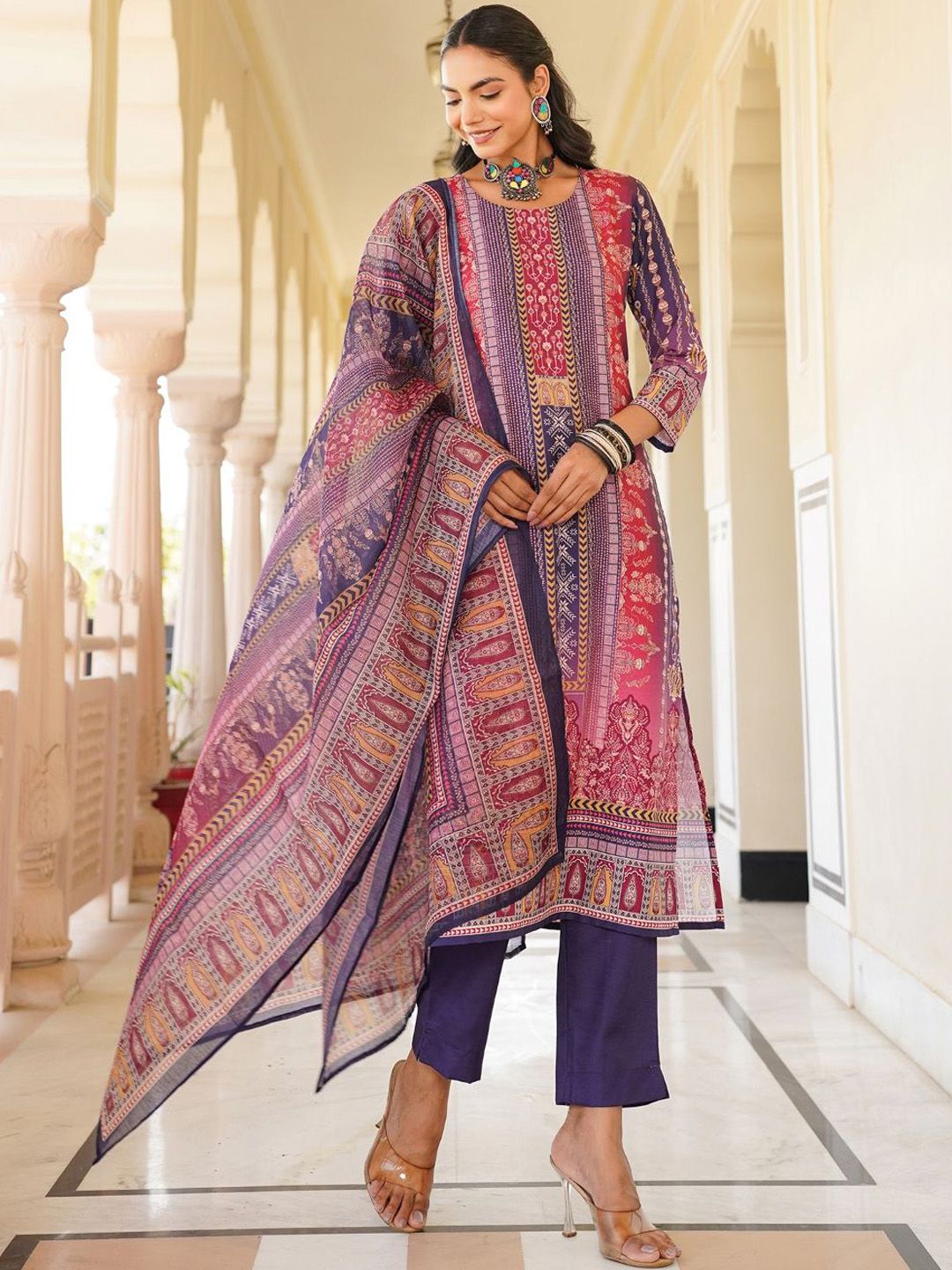 Dhiyona KL Women Ethnic Motifs Printed Regular Kurta with Trousers & With Dupatta