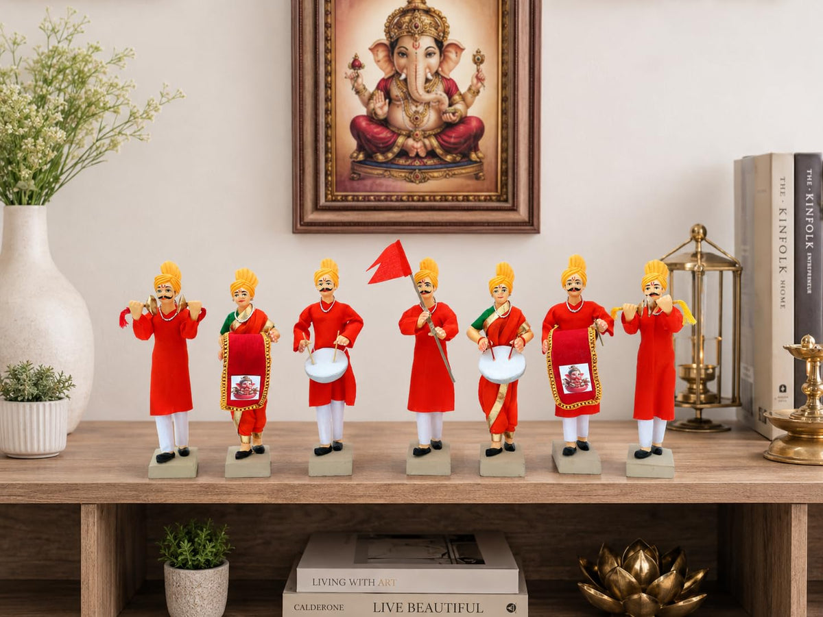 Niharika Collections Handmade Clay Terracotta | GANPATI VISARJAN Band – Set of 7 | Musical Miniature Idols