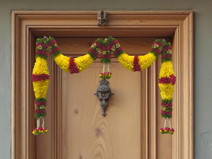 Yellow & Dark Pink Hanging Artificial Flower Toran for Main Door Entrance, Reusable Thoran for Pooja Mandir, Living Room & Home Décor, Bandarwal for Festival Decoration (42x25 inch)
