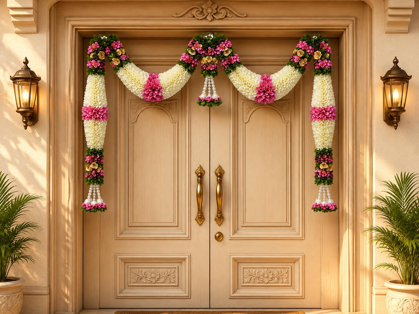 Pink & Cream Hanging Artificial Flower Toran for Main Door Entrance, Reusable Thoran for Pooja Mandir, Living Room & Home Décor, Bandarwal for Festival Decoration (42x25 inch)